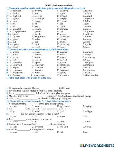 UNIT 8 - sports and games- ws 1