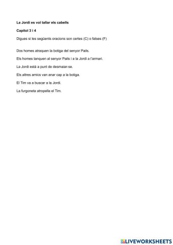 Comprensió lectora Els Cinc La Jordi es vol tallar els cabells Capítol 3 i 4