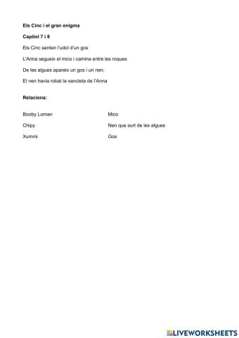 Comprensió lectora Els cinc i el gran enigma Capítols 7 i 8