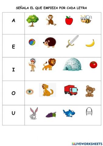 Asociar dibujo con la vocal por la que comienzan