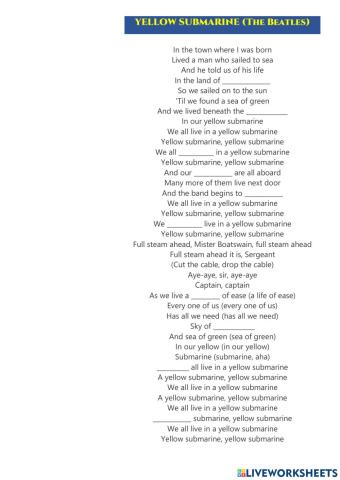 Song YELLOW SUBMARINE(Beatles), Fill in the gaps