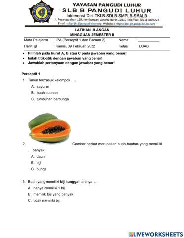 Latihan Ulangan IPA 1 (Perseptif1, Bacaan2)