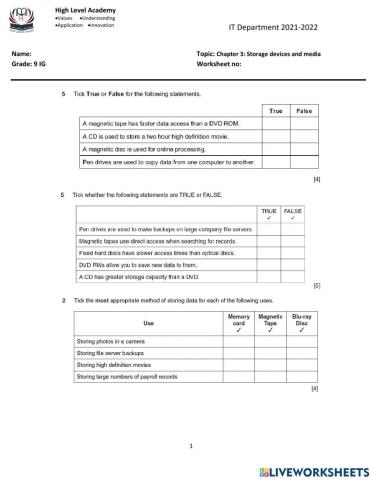 9IG - ICT- Storage Devices and Media worksheet