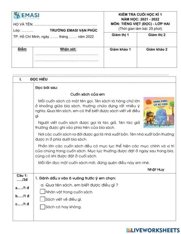 KIỂM TRA TIẾNG VIỆT - ĐỌC HIỂU HỌC KÌ 1