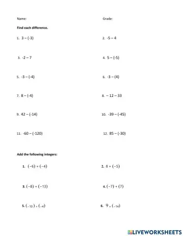 Integer addition subtraction