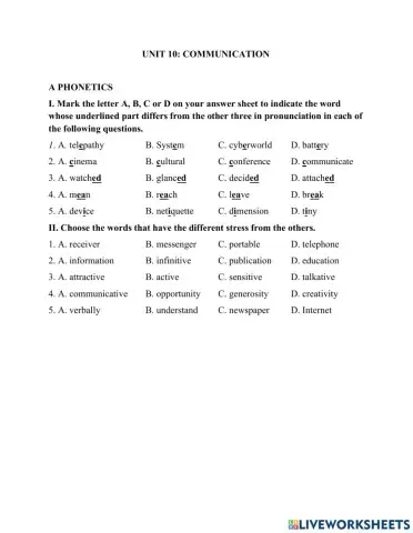 Unit 10: Communication - Part A