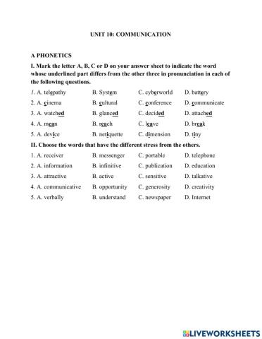 Unit 10: Communication - Part A