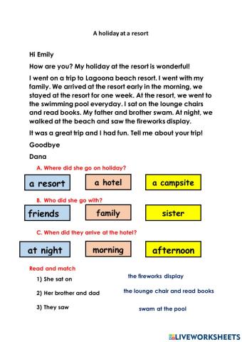 A holiday at a resort - Reading