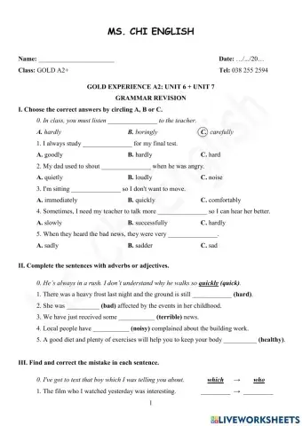 02.03.22- Gold A2+ U6+7: Grammar Revision