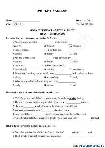 02.03.22- Gold A2+ U6+7: Grammar Revision
