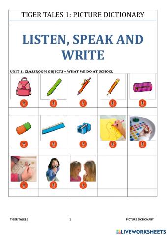 Escuchar decir y escribir objetos y actividades de colegio