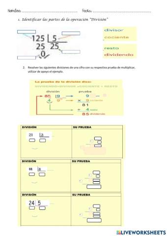 Divisiones de una cifra con prueba de multiplicar