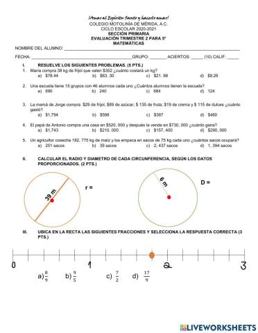 2°examen trimestral de matemáticas