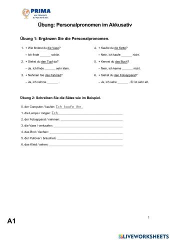 PRIMA - Übung - Personalpronomen im Akkusativ