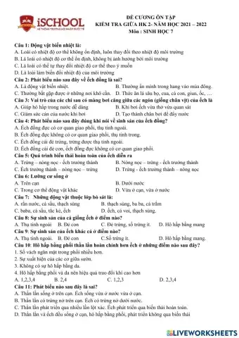 Đề cương sinh 7 giữa hk2