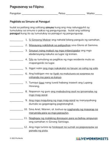 Pagtukoy ng simuno at panaguri
