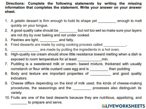 Classification of Desserts and their  Characteristics