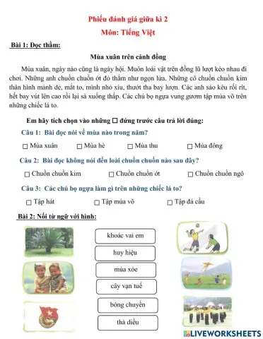 Phiếu đánh giá giữa kì 2 - môn Tiếng việt