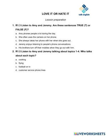 LOVE IT OR HATE IT Lesson preparation