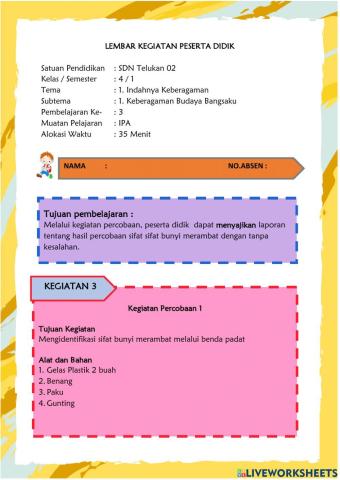 LKPD IPA Kelas 4 Tema 1 Subtema 1 Pembelajaran 3
