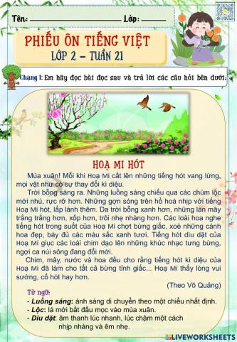 Lớp 2 - Tiếng việt - Tuần 21 - Đề 1