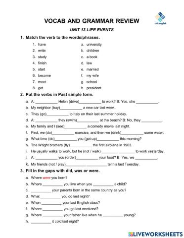 VOCAB AND GRAMMAR REVIEW UNIT 13 Life events