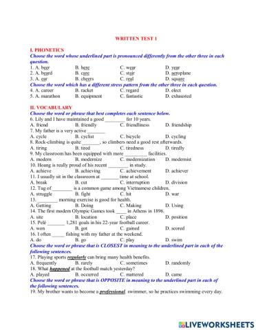 English 6. Mid term 2 revision. Anh Vu. Test 1