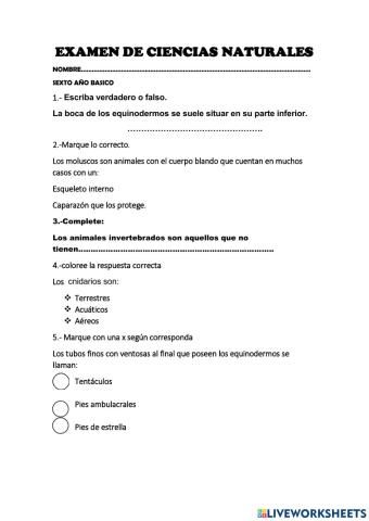 Examen de ciencia naturales