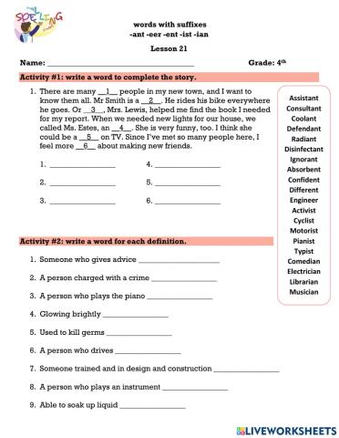 Words with suffixes -ant -eer -ent -ist -ian