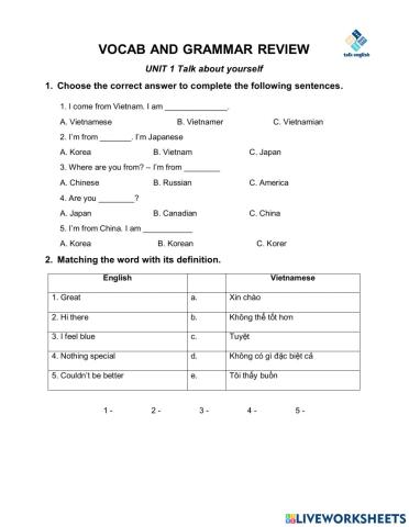 VOCAB AND GRAMMAR REVIEW U1-Talk about yourself