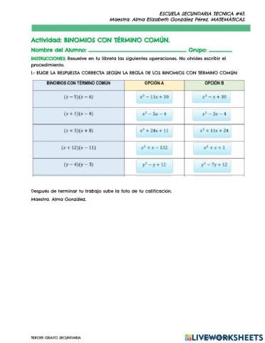 Actividad binomios termino comun