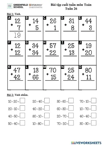 Phiếu Toán cuối tuần Tuần 26