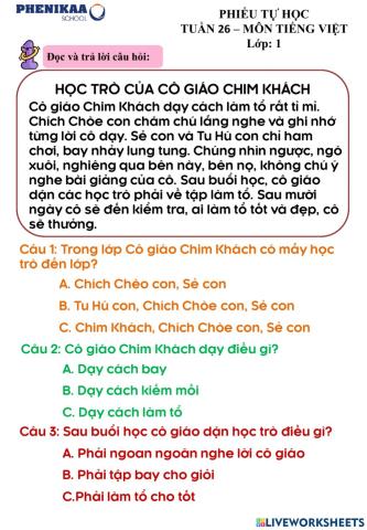 Phiếu cuối tuần 26 môn Tiếng Việt