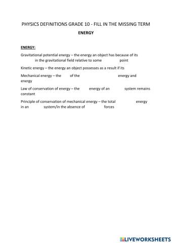 Grade 10 Energy Definitions