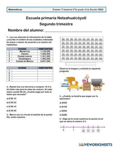 Examen trimestral de matemáticas