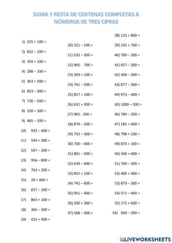 Suma y resta de centenas a números de tres cifras