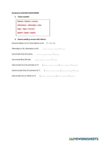 Avaldise koostamine. 3. kl matem kordamine märts 2-4