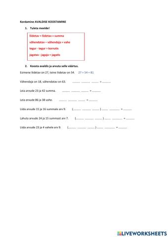 Avaldise koostamine. 3. kl matem kordamine märts 2-4