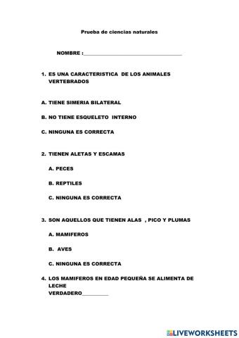 Prueba  de ciencias naturales