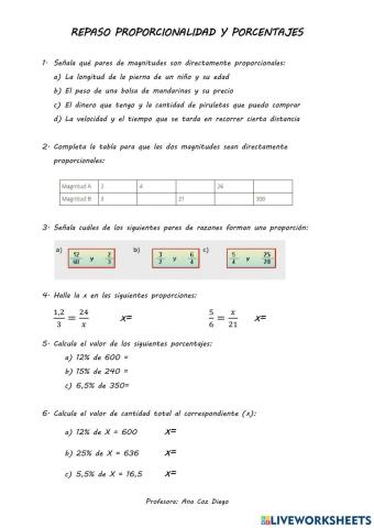 Repaso proporcionalidad y porcentajes 1º ESO