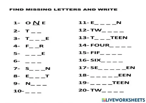 Number 1-20 Fill in the Spelling
