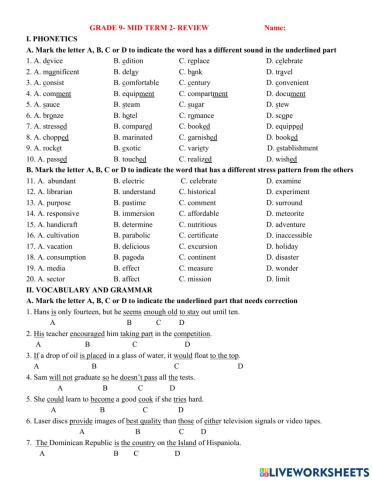 Grade 9- Mid term 2- review