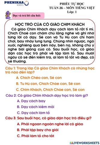 Phiếu cuối tuần 26 - Tiếng Việt