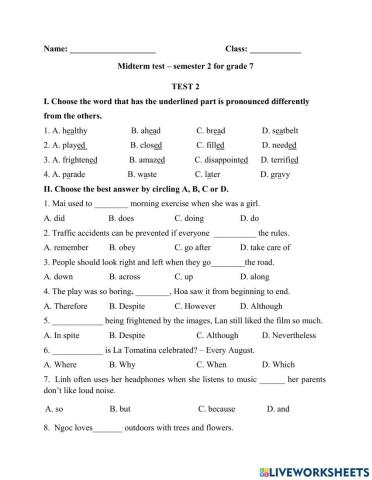 Midterm test 2 – semester 2 for grade 7