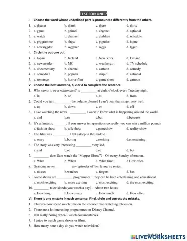 Grade 6 Unit 7 Television Test