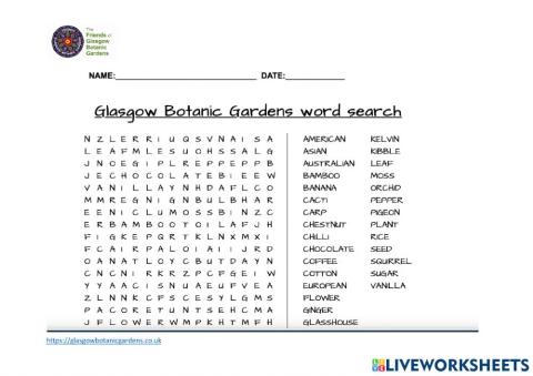 Glasgow Botanic Gardens word search