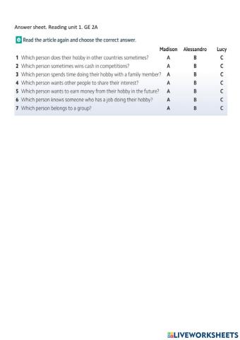 Answer sheet reading unit 1- ge 2a