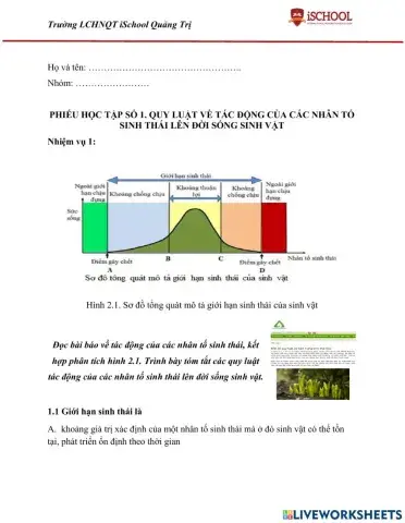 Phiếu học tập số 1. QUY LUẬT VỀ TÁC ĐỘNG CỦA CÁC NHÂN TỐ SINH THÁI LÊN ĐỜI SỐNG SINH VẬT