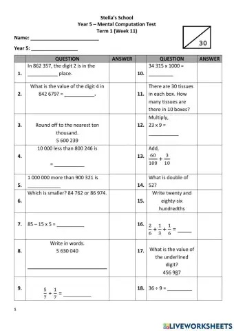 Mental Computation Test