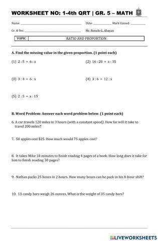 Grade 5 Worksheet - 1 Ratio and Proportion